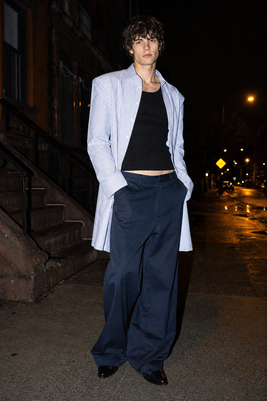 Look 01, menswear: The Bedford oxford worn as a shirt-coat over the Late Chino